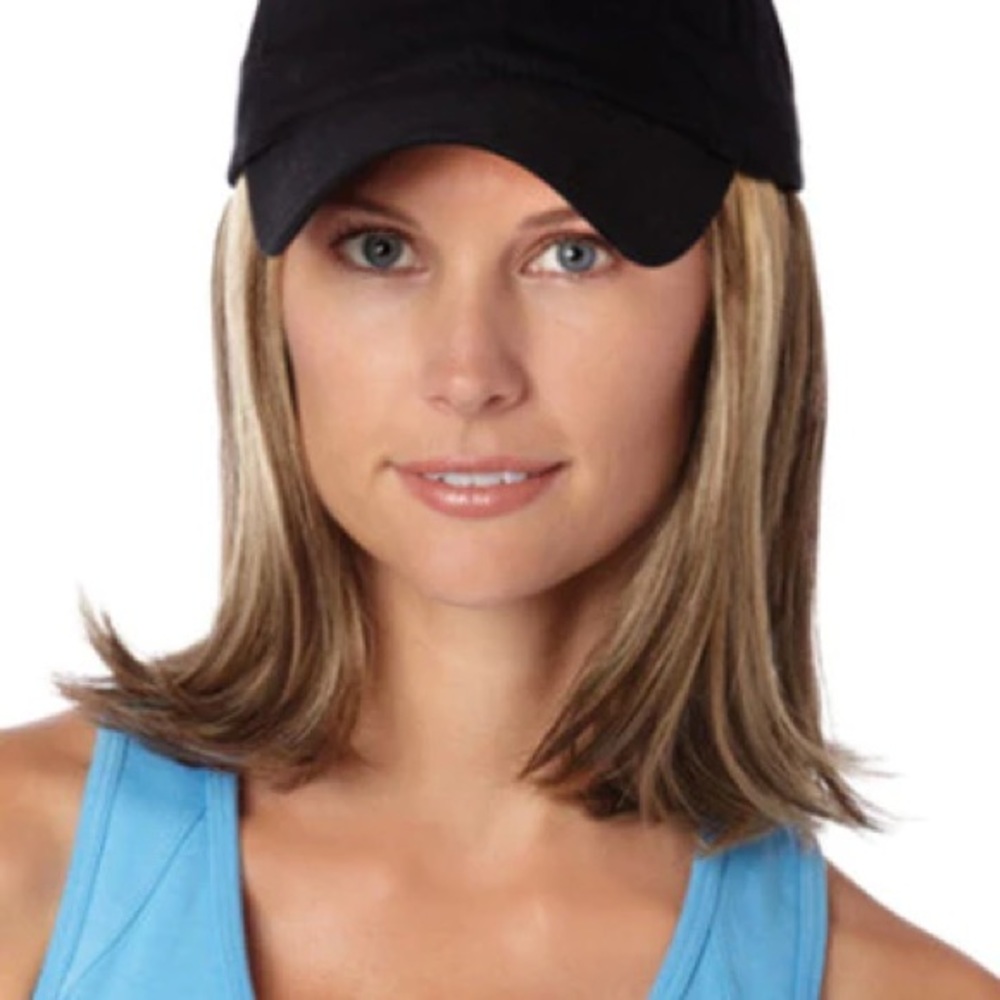 Henry Margu Baseball Hat Wig. Light ash brown with gold blonde highlights